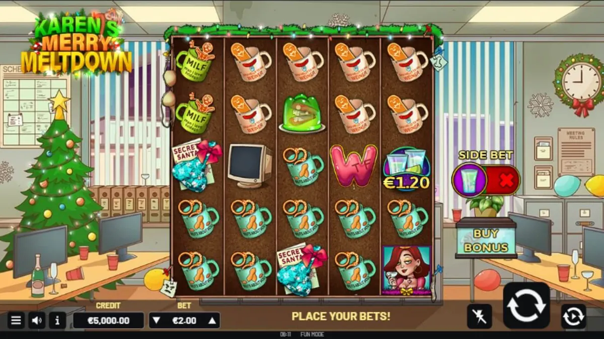 Tampilan visual slot Karen’s Merry Meltdown dengan tema pesta kantor Natal yang kacau.