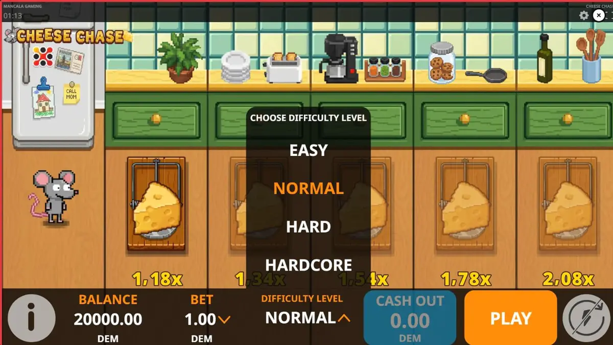 Tampilan visual retro 8-bit dari permainan slot Cheese Chase oleh Mancala Gaming